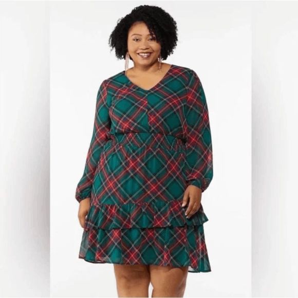 Cato NWT Smocked Waist Plaid Green Red Holiday Dress, Size XL, MSRP $69 - Picture 1 of 13